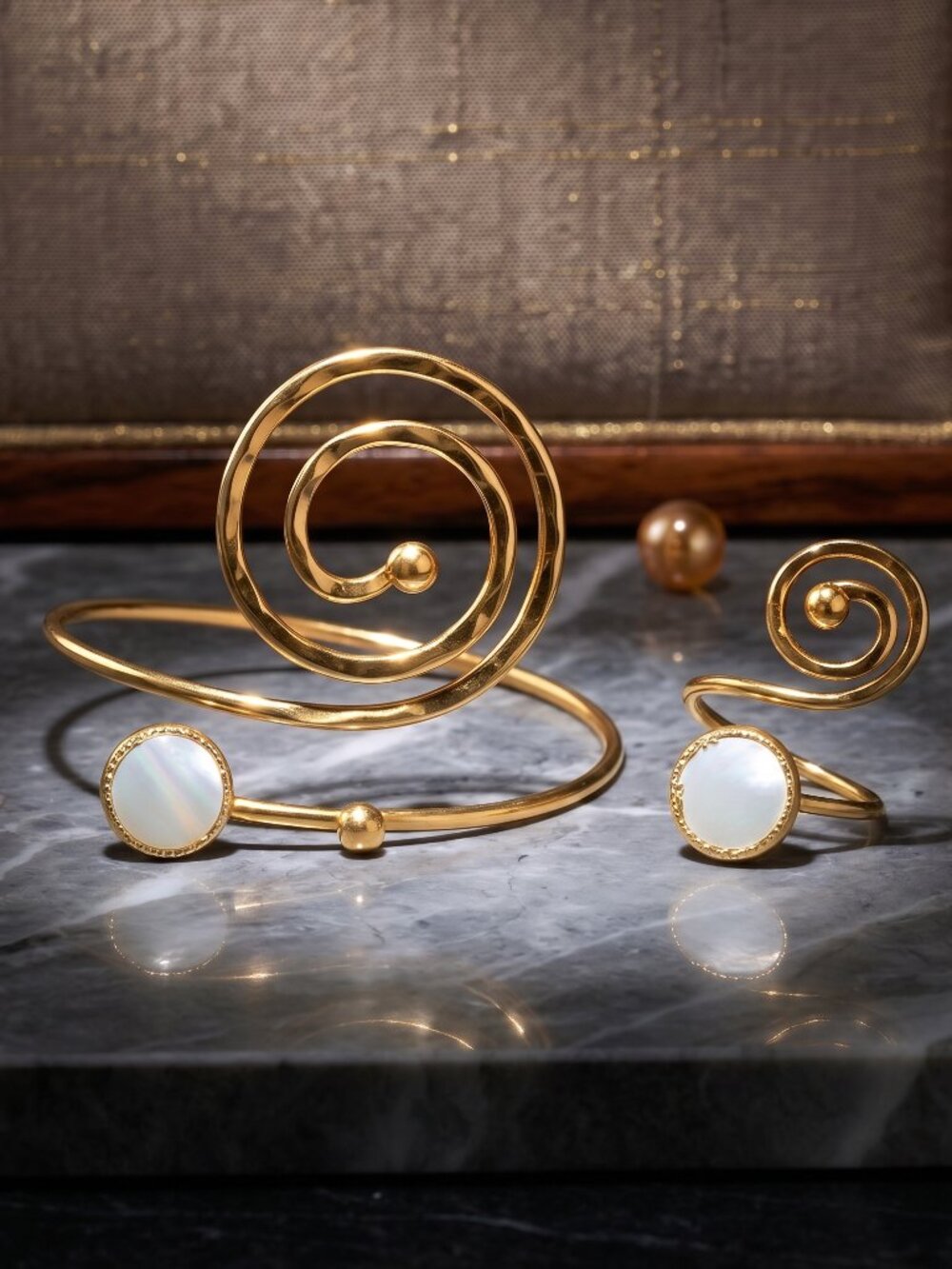 Artisan 18K Gold Plated Spiral Set Mother of Pearl Ring and Bracelet Boho